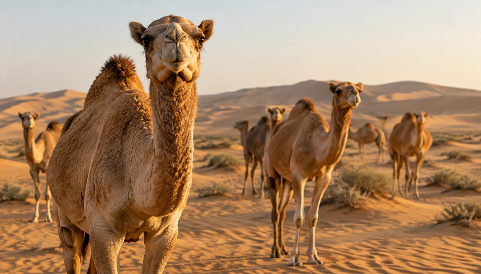 Dromedary camels standing in desert sand